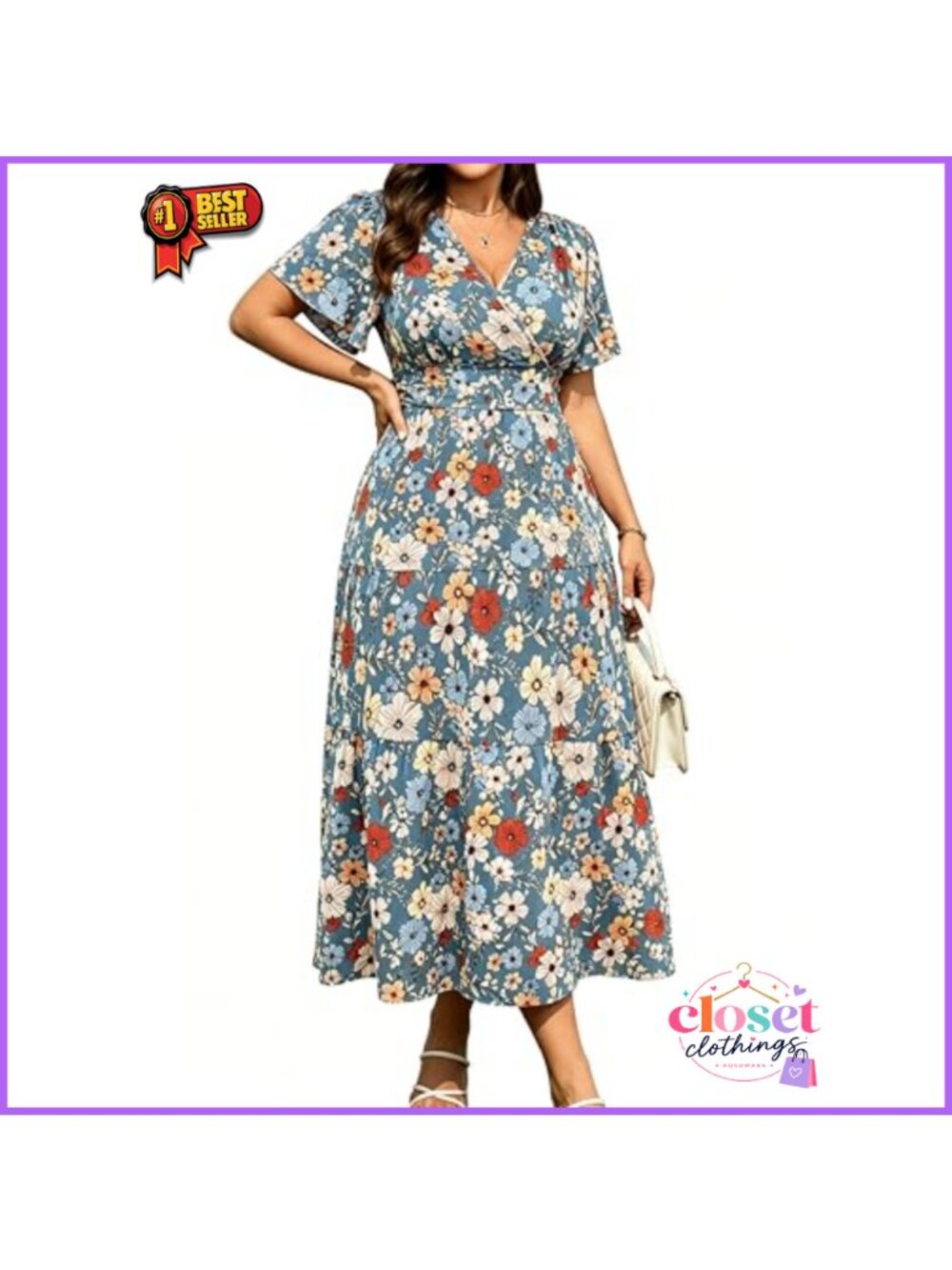 Plus Size Floral Wrap V Neck Maxi Dress Ruffle Sleeve Pockets